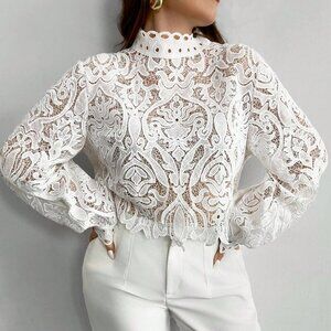 White Elegant Women's Plus Size Lace Hollow Blouse